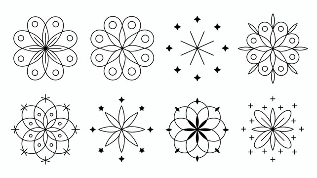 Floral ornament collection black line art designs on a white background showcasing symmetrical patterns design pattern artwork graphic illustration vector circular