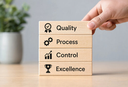 Stack of wooden blocks showing Quality Process Control and Excellence with relevant icons and a hand placing the top block transparent background