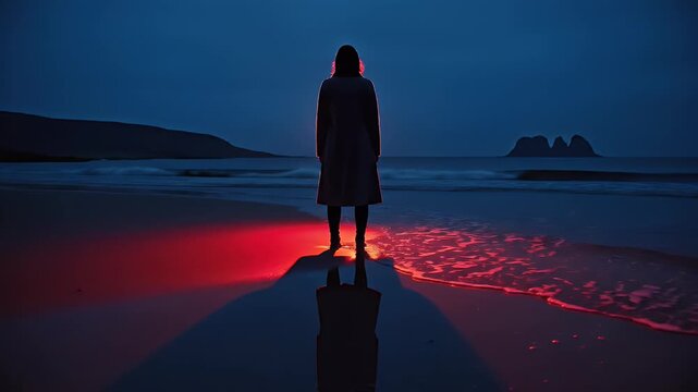 Silhouette of a person standing on a beach at twilight, illuminated by a red light