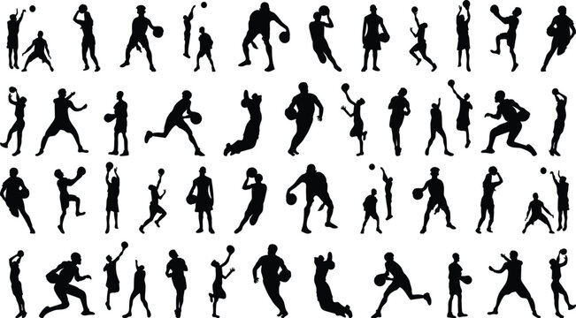 Set of vector sport people silhouettes illustration featuring running, football, tennis, basketball and dance players in black silhouette style