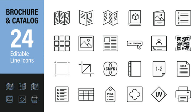 Brochure & Catalog Line Icons Set, 24 Editable Vector Symbols for Folded Leaflet, CMYK Print, QR Code, Price Tag, UV Coating, Call To Action, Booklet, Index, Page Layout & Professional Printing Design