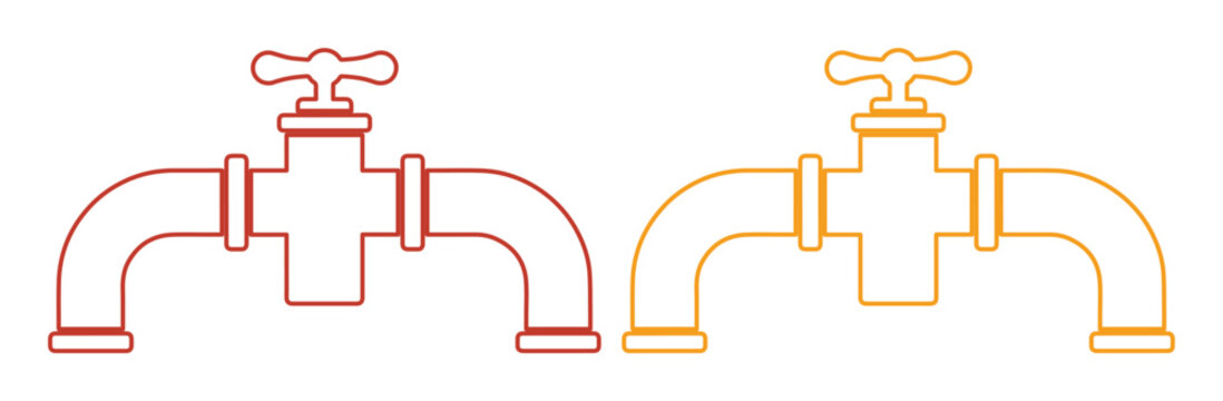 Minimalist Faucet Vector Icon Set, two simple outline water taps in red and orange, ideal for plumbing, water conservation, or utility graphics