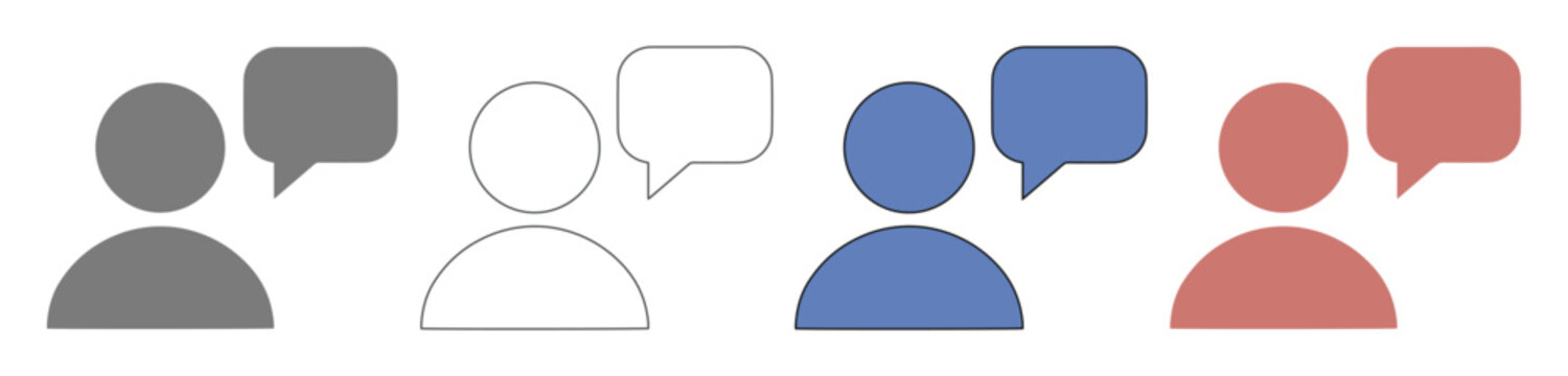 User Profile Chat Bubble Icons, a versatile vector collection for communication and social media interfaces. Modern, clean design in gray, white, blue, and red for web and app development.