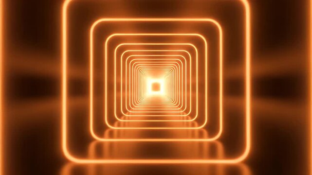 Abstract neon tunnel with rounded square shapes receding into a bright light