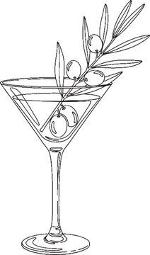 Hand drawn sketch of a martini cocktail glass with an olive branch garnish isolated on transparent background, Vector