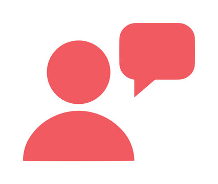 Minimalist red user communication icon, simple person avatar with speech bubble, essential UI element for social media and messaging apps, modern vector graphic for web design