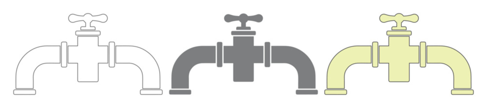 Water Faucet Icon Set, three distinct water tap vector illustrations, plumbing fixture graphics for web and app design, modern utility symbols for conservation and home services