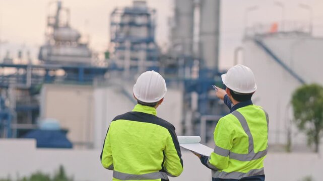 Asian male engineers discussing facility maintenance project during a beautiful sunset evening. Outstanding teamwork prevents hazardous workplace accidents completely. Great execution.