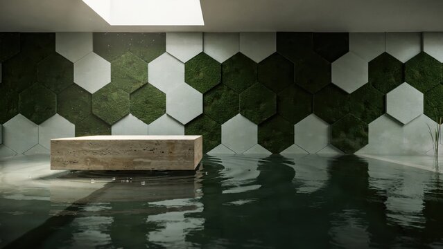 Rectangular platform floating on dark rippling water with hexagonal wall