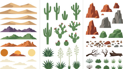 Desert Landscape Kit Vector Set Featuring Sand Dunes Mountains Saguaro Cactus Prickly Pear Agave Plants Rocks Boulders Dead Wood Stems and Western Scenic Elements © RUBINA