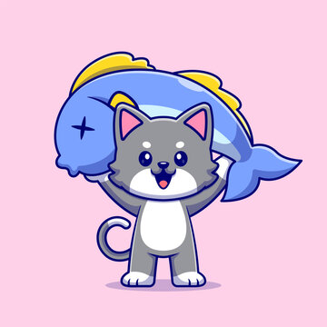 Cute Cat Lifting Fish Cartoon 
