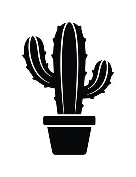 Minimalist black cactus vector icon, potted succulent plant silhouette, desert flora graphic element for web design and branding, simple botanical illustration.