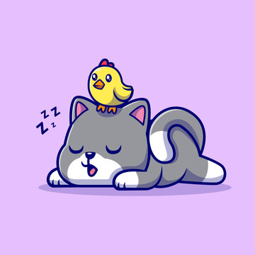 Cute Cat Sleeping With Chick Cartoon