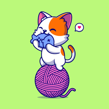 Cute Cat Eating Fish On Yarn Ball Cartoon 