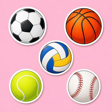 Set of colorful sports balls stickers including soccer basketball and tennis ball