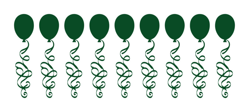 Dark Green Party Balloons Vector Set, festive celebration decorations with curly ribbons, isolated graphic elements for birthdays, events, and holidays