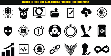 Obraz premium Cyber resilience and AI threat protection icon set featuring cybersecurity risk management threat detection data protection network security digital trust incident response