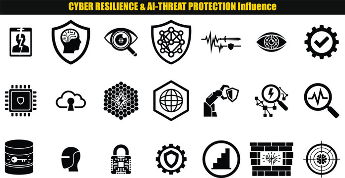 Security emblems and digital safeguards a collection of two color shapes cybersecurity data protection network threat detection privacy information shield shape gear brain eye lock