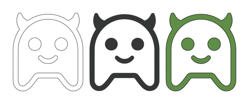Cute monster character vector icon set, three variations of a friendly horned creature, playful cartoon mascot for gaming and apps, simple graphic design element for children's content