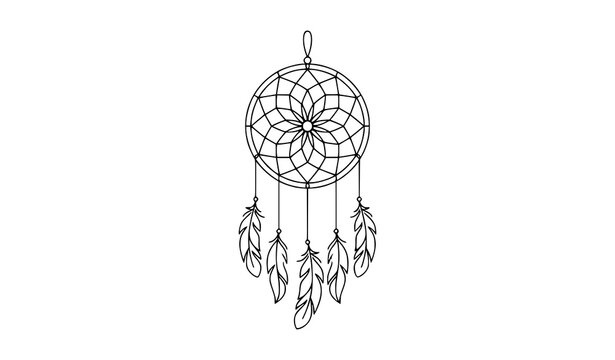Minimalist Dream Catcher Line Art Vector Illustration with Elegant Hanging Feathers