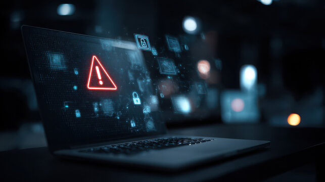 Laptop screen displays warning symbols and icons in dark setting
