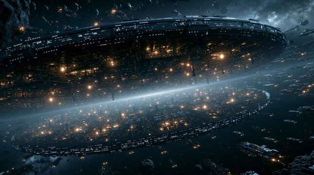 A gigantic interstellar shipyard hidden inside an asteroid belt, with thousands of spacecraft under construction, glowing with industrial lights in a vast sci-fi space environment.