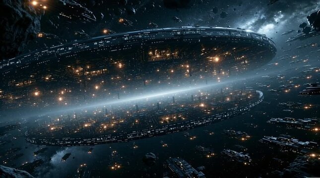A gigantic interstellar shipyard hidden inside an asteroid belt, with thousands of spacecraft under construction, glowing with industrial lights in a vast sci-fi space environment.