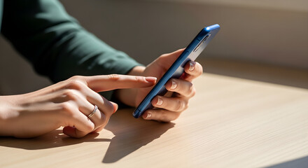 Fototapeta premium Close-up of a person's hands interacting with a blue smartphone on a wooden table in natural light