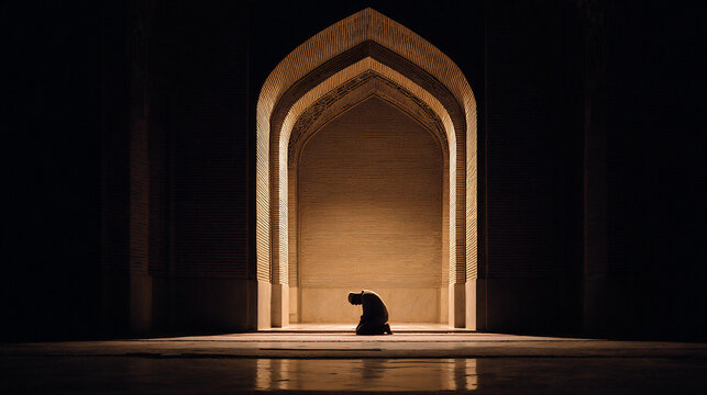Muslim person praying in a dark mosque with arched mihrab