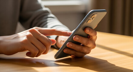 Fototapeta premium Person sitting at a desk interacting with a smartphone screen using a finger gesture for digital communication
