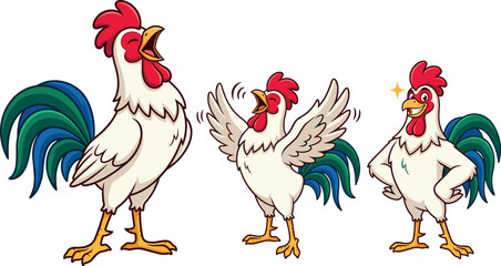 Funny Rooster Cartoon Vector Character Set with Crowing, Flapping Wings, and Confident Poses for Farm, Poultry, and Mascot Logo Designs © RUBINA