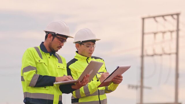 Skilled manufacturing team collaborating on technical site check while wearing high visibility uniforms. Expert communication solves complex engineering problems rapidly.