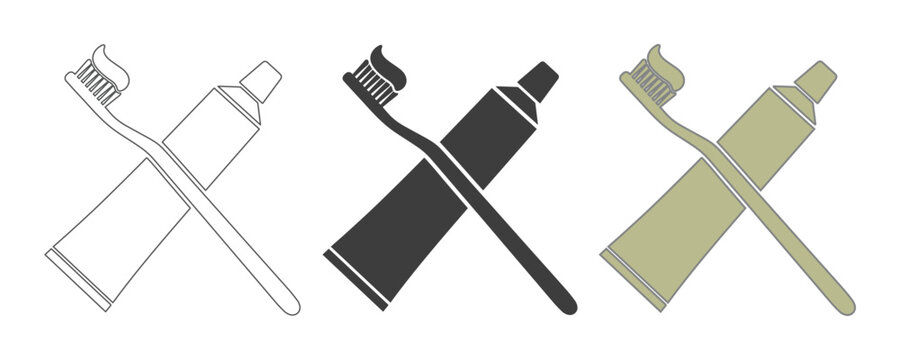 Dental hygiene vector icon set, three variations of toothbrush and toothpaste tube crossed, clean oral care graphic elements for health and wellness designs