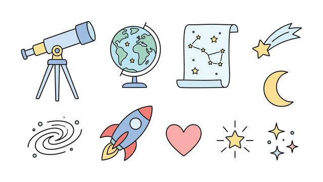 Celestial Exploration Icons: A collection of charming hand-drawn icons representing space exploration and astronomy, including a telescope, globe, rocket, moon, stars, galaxy, and constellation map.