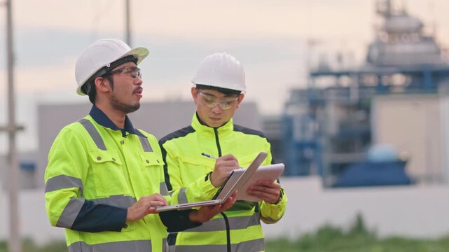 Professional factory workers discussing facility maintenance project while wearing high visibility uniforms. Expert communication solves complex engineering problems rapidly.