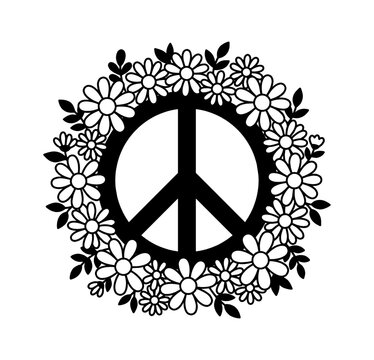 Black peace sign symbol surrounded by a wreath of spring flowers isolated on transparent background, Vector