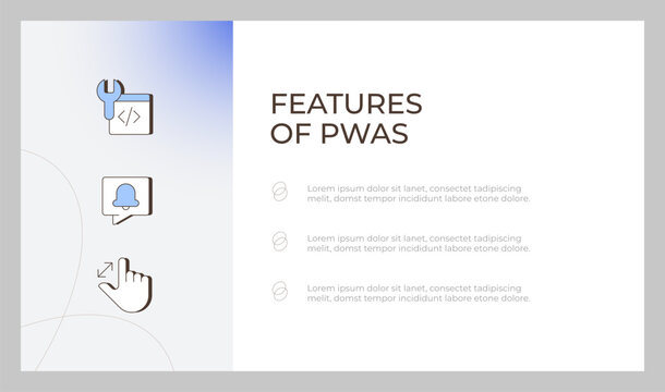 PWAS features presentation slide template. Future focused software development. Digital product. Information horizontal layout. Landscape flyer design. Multipurpose page with abstract background