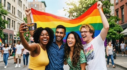 Naklejka premium Diverse Gen Z friends celebrating LGBTQ+ Pride with rainbow flag and selfie
