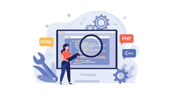 Female programmer using a magnifying glass to inspect computer code on a large screen with various programming language tags in the background.