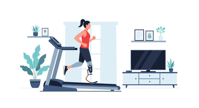 Determined female athlete with a prosthetic leg running on a treadmill in her living room to stay fit and active despite her physical disability.