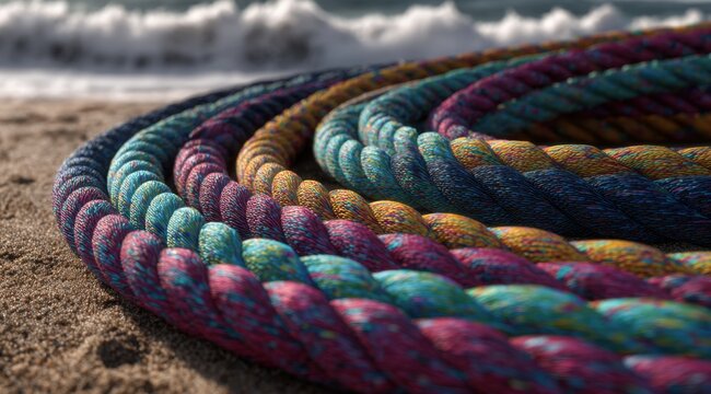 A coiled, brightly colored nylon rope on sand with ocean waves in the