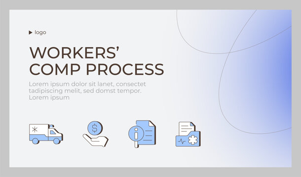 Money compensation process presentation slide template. Corporate medical benefit frameworks. Information horizontal layout. Landscape flyer design. Multipurpose page with abstract background