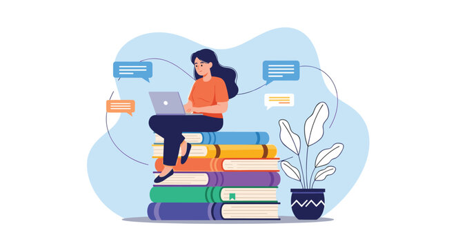 Young woman sitting on a huge stack of books using laptop for online education and remote university studying concept.