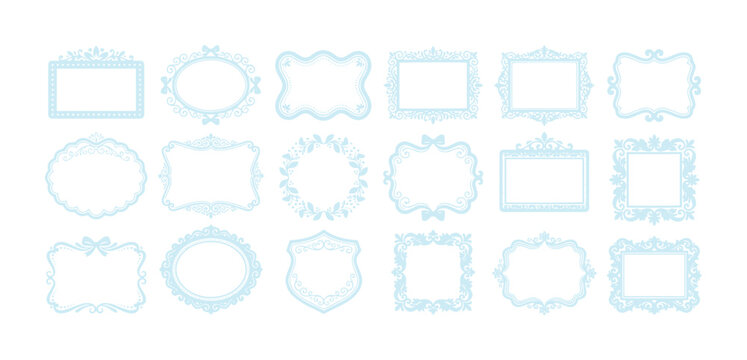 Elegant light blue decorative frames vector set, ornate vintage borders, classic wedding invitation design elements, sophisticated scrollwork accents