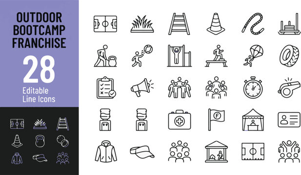 Outdoor Bootcamp Franchise Line Icons Set, 28 Editable Vector Symbols for Fitness Training, Sport Gym, Coaching, Workout Equipment, Marathon Event, Group Exercise & Athlete Performance Design