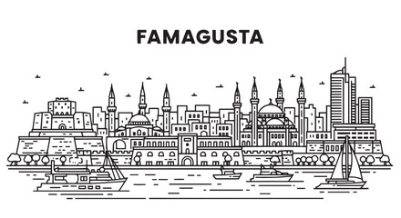 Fototapeta premium Famagusta Skyline Illustration Coastal Cityscape