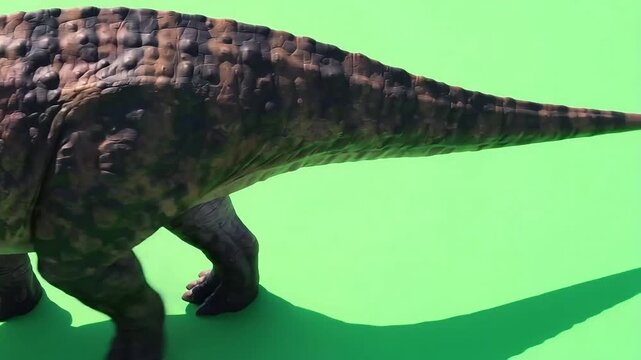 Brown Dinosaur Walking on Green Screen Background in Close-up Shot