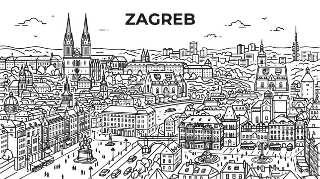 Zagreb Skyline Illustration Black and White