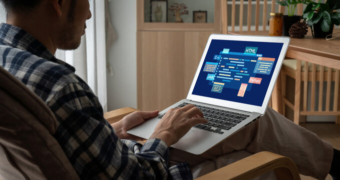 Software development or programming work with coding screen of various programming languages like HTML, and C brisk for new application development