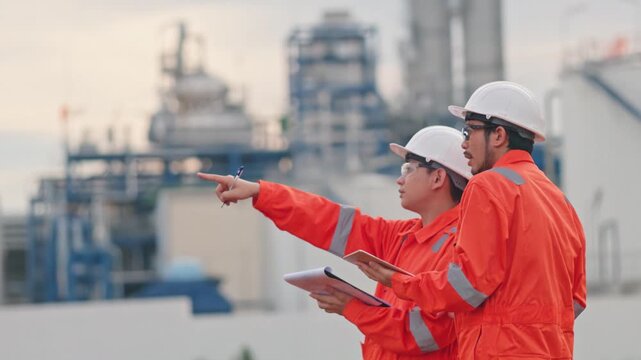 Asian male engineers inspecting refinery infrastructure safety during a beautiful sunset evening. Strict safety protocols protect valuable human resources daily. Massive success.